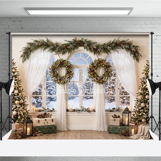 Lofaris Cozy Snowy Window Holiday Backdrop Christmas Trees Festive Garland and Illuminated Wreaths Winter Scene Decor