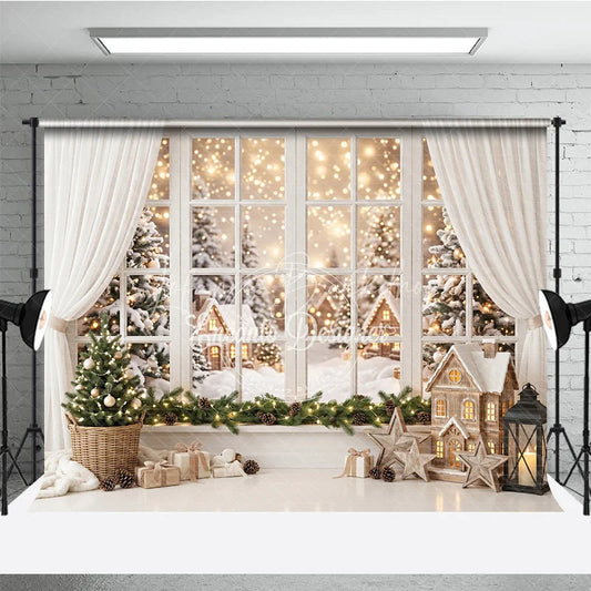 Lofaris Cozy Snowy Winter Village Window View Holiday Backdrop Festive Christmas Tree and Warm Lights Decor