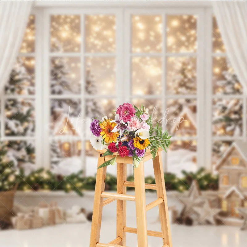 Lofaris Cozy Snowy Winter Village Window View Holiday Backdrop Festive Christmas Tree and Warm Lights Decor