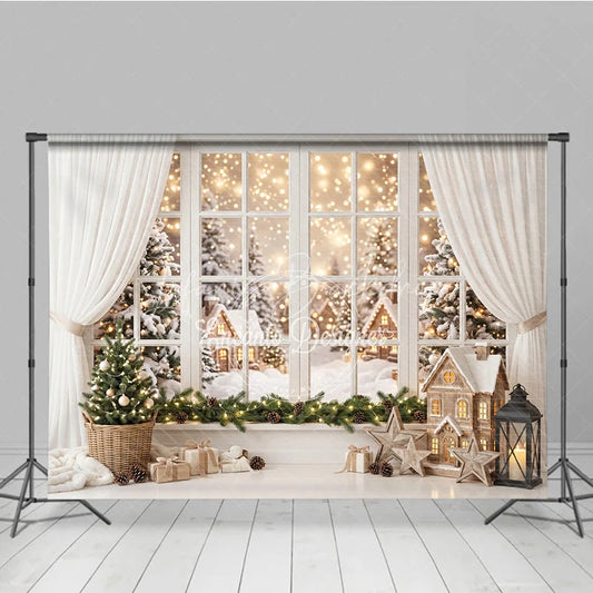 Lofaris Cozy Snowy Winter Village Window View Holiday Backdrop Festive Christmas Tree and Warm Lights Decor