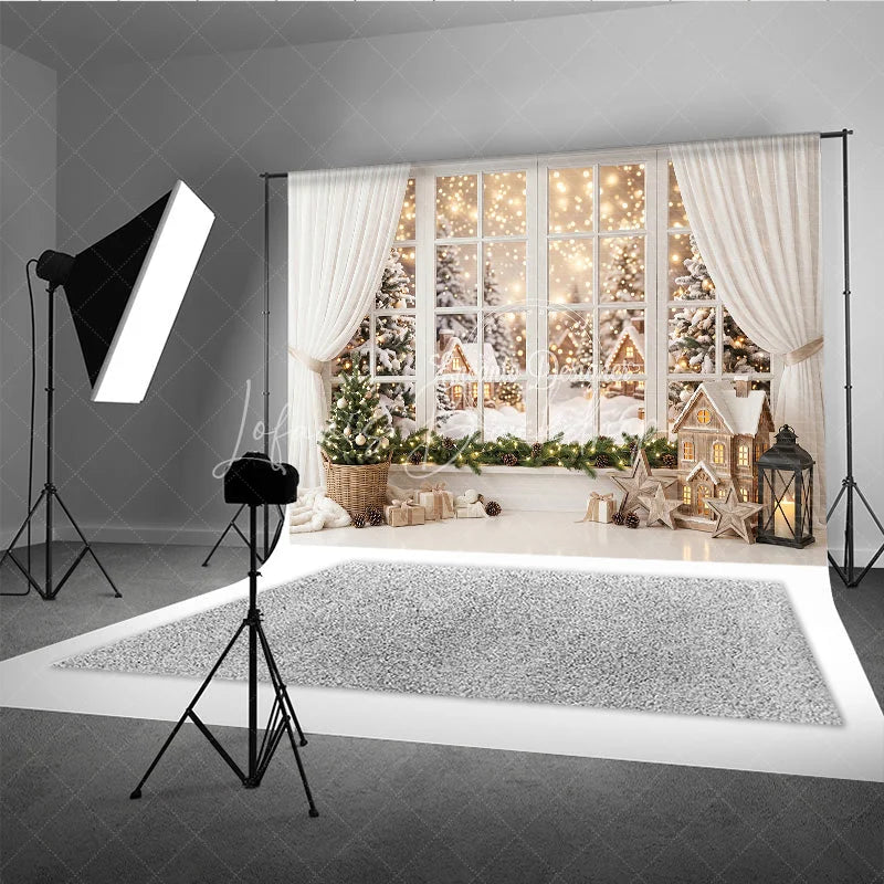 Lofaris Cozy Snowy Winter Village Window View Holiday Backdrop Festive Christmas Tree and Warm Lights Decor