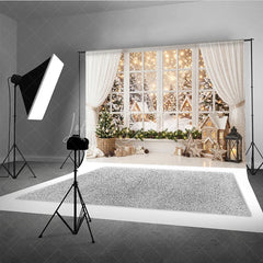 Lofaris Cozy Snowy Winter Village Window View Holiday Backdrop Festive Christmas Tree and Warm Lights Decor