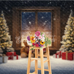 Lofaris Cozy Teddy Bear Family Christmas Photography Backdrop Snowy Window Scene Holiday Mini Session Background