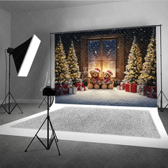 Lofaris Cozy Teddy Bear Family Christmas Photography Backdrop Snowy Window Scene Holiday Mini Session Background