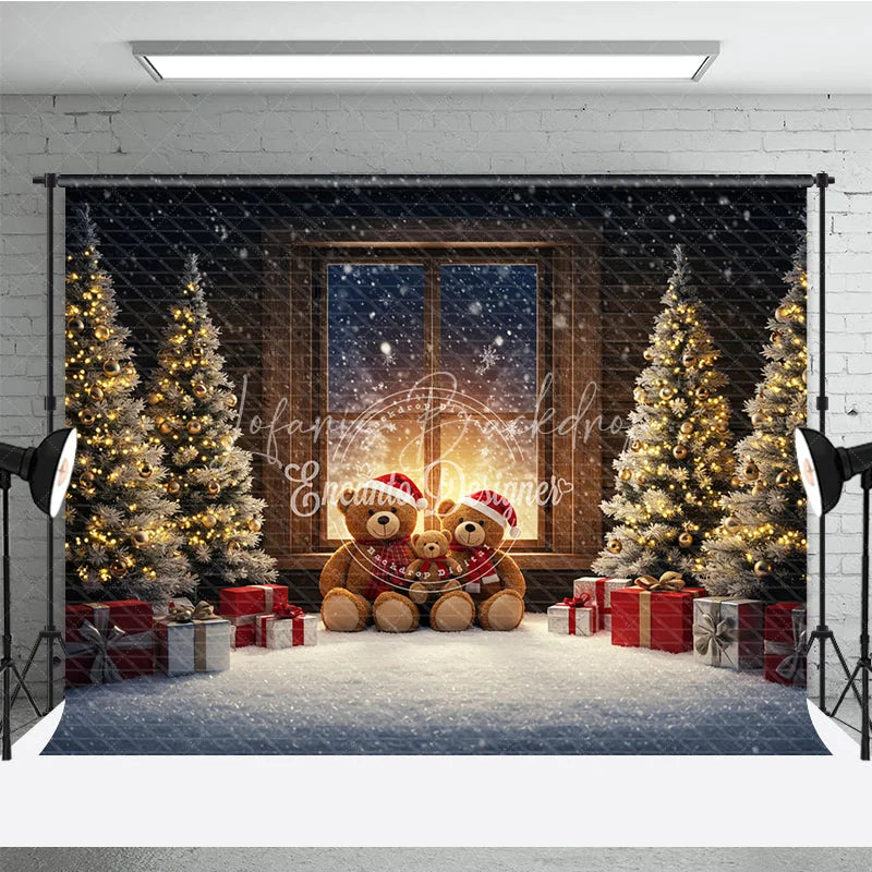 Lofaris Cozy Teddy Bear Family Christmas Photography Backdrop Snowy Window Scene Holiday Mini Session Background