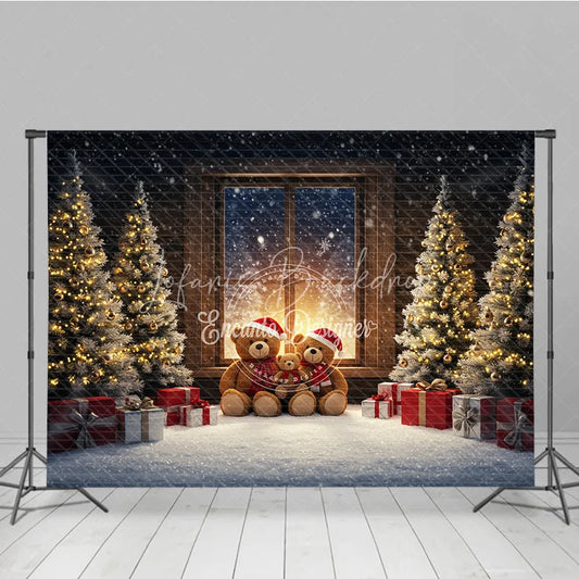 Lofaris Cozy Teddy Bear Family Christmas Photography Backdrop Snowy Window Scene Holiday Mini Session Background