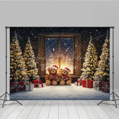 Lofaris Cozy Teddy Bear Family Christmas Photography Backdrop Snowy Window Scene Holiday Mini Session Background