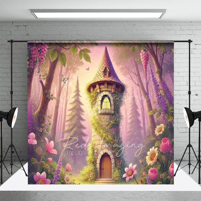 Lofaris Cozy Tower Pink Floral Trees Photography Backdrop