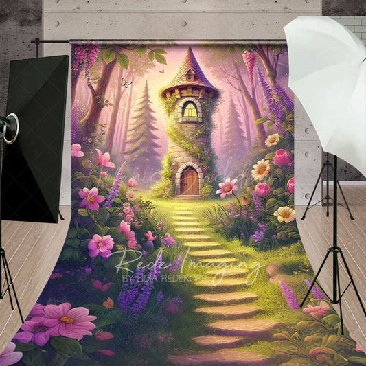 Lofaris Cozy Tower Pink Floral Trees Sweep Photo Backdrop