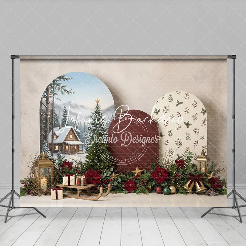 Lofaris Cozy Winter Cabin and Snowy Pine Trees Christmas Holiday Backdrop Festive Poinsettia Gifts Sled Decor