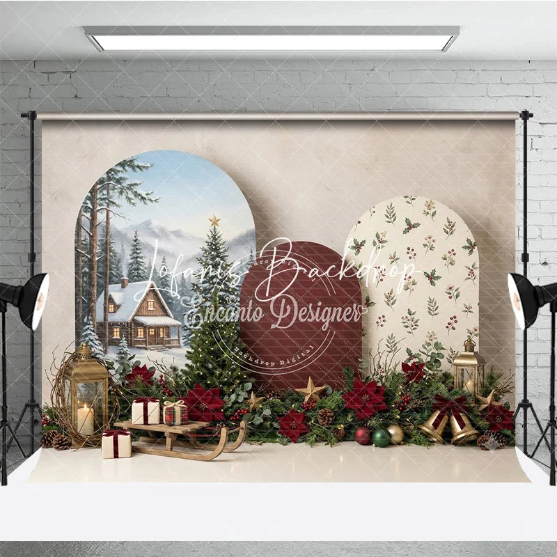 Lofaris Cozy Winter Cabin and Snowy Pine Trees Christmas Holiday Backdrop Festive Poinsettia Gifts Sled Decor