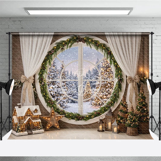 Lofaris Cozy Winter Holiday Backdrop with Round Window Snowy Forest and Festive Christmas Tree Decorations