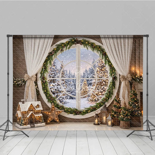 Lofaris Cozy Winter Holiday Backdrop with Round Window Snowy Forest and Festive Christmas Tree Decorations