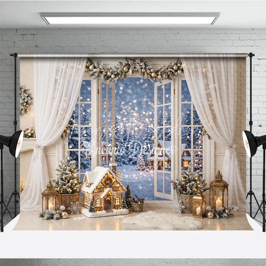 Lofaris Cozy Winter Holiday Backdrop with Snowy Window View Festive Garland and Illuminated House for Christmas