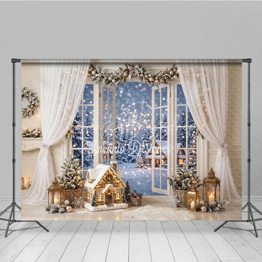 Lofaris Cozy Winter Holiday Backdrop with Snowy Window View Festive Garland and Illuminated House for Christmas