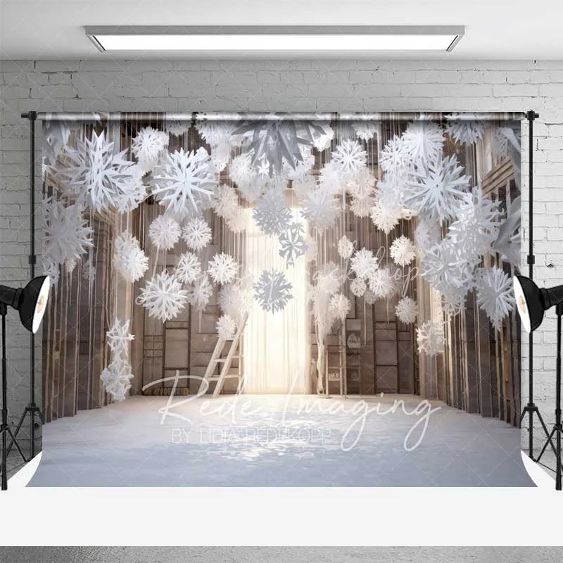 Lofaris Cozy Winter Room Backdrop Hanging Snowflakes Wooden Shelves Ladder Warm Light Photo Background