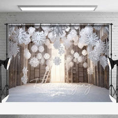 Lofaris Cozy Winter Room Backdrop Hanging Snowflakes Wooden Shelves Ladder Warm Light Photo Background