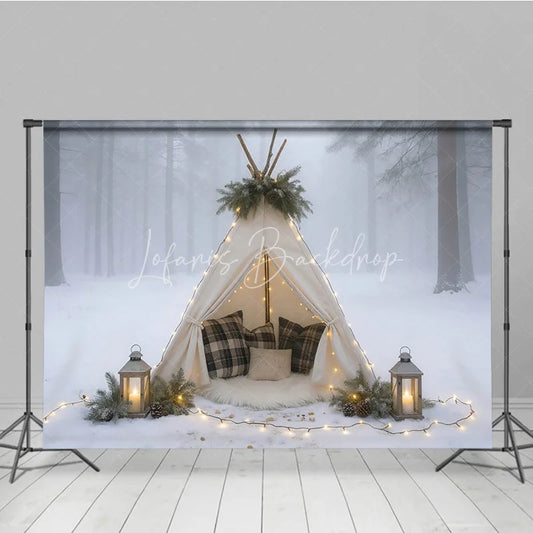 Lofaris Cozy Winter Teepee in Snowy Forest Photography Backdrop Boho Tent with Plaid Pillows Holiday Photo Session