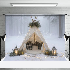 Lofaris Cozy Winter Teepee in Snowy Forest Photography Backdrop Boho Tent with Plaid Pillows Holiday Photo Session