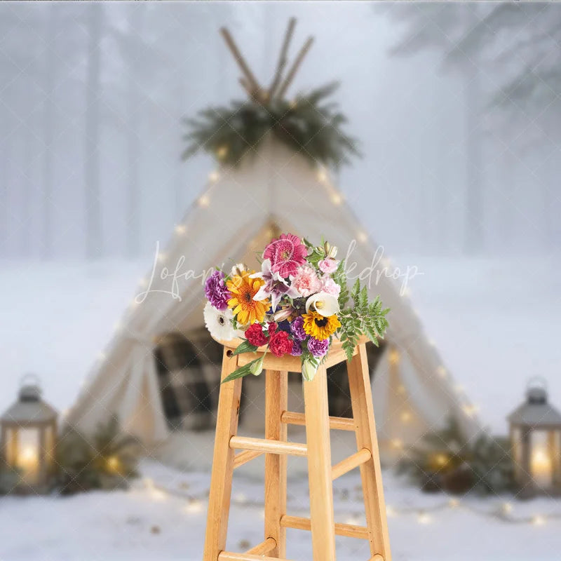 Lofaris Cozy Winter Teepee in Snowy Forest Photography Backdrop Boho Tent with Plaid Pillows Holiday Photo Session