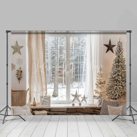 Lofaris Cozy Winter Window Backdrop Snowy Forest View Neutral Curtains Flocked Tree Photo Background