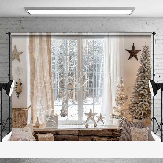 Lofaris Cozy Winter Window Backdrop Snowy Forest View Neutral Curtains Flocked Tree Photo Background