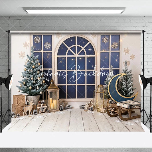 Lofaris Cozy Winter Window Holiday Backdrop Christmas Tree and Wooden Sled Photo Background for Party Decor