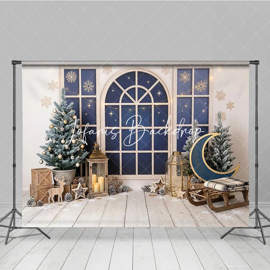 Lofaris Cozy Winter Window Holiday Backdrop Christmas Tree and Wooden Sled Photo Background for Party Decor