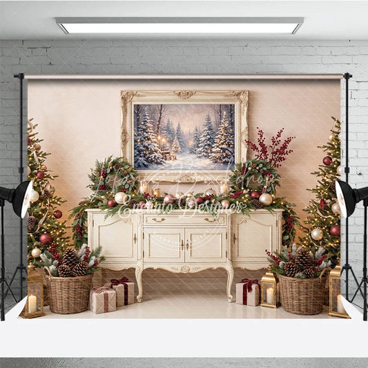 Lofaris Cozy Winter Wonderland Holiday Backdrop Decorated Christmas Trees Snowy Forest Painting and Festive Garlands