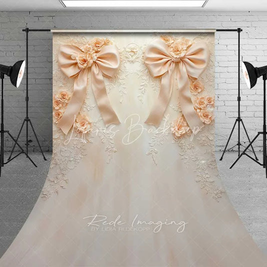 Lofaris Cream Beige Bow 3D Floral Sweep Photography Backdrop Luxury Wedding Relief Flower Floor Photo Background