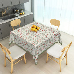 Lofaris Cream Botanical Rectangle Tablecloth with Red Berries and Green Leaves Elegant Scalloped Edge Dining Decor