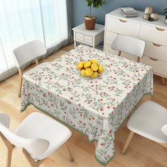 Lofaris Cream Botanical Rectangle Tablecloth with Red Berries and Green Leaves Elegant Scalloped Edge Dining Decor