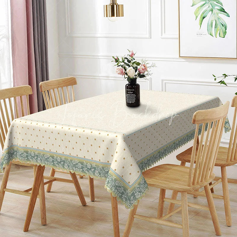 Lofaris Cream Damask Texture Teal Floral Border Rectangle Tablecloth Elegant Dining Decor Washable Kitchen Table Cover
