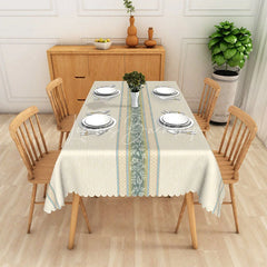 Lofaris Cream Texture Teal Floral Center Striped Rectangle Tablecloth Classic Dining Decor Washable Kitchen Table Cover