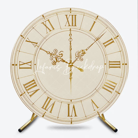Lofaris Cream Vintage Clock Face Round Backdrop with Ornate Gold Roman Numerals Elegant Party Decor