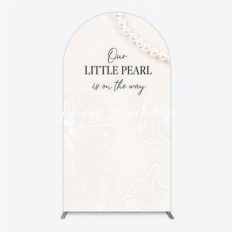 Lofaris Cream White Little Pearl is on the Way Round Top Arch Backdrop Elegant Baby Shower Ocean Theme Decor