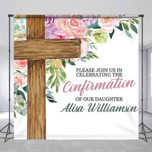 Lofaris Cross Floral Custom Name Confirmation Day Backdrop