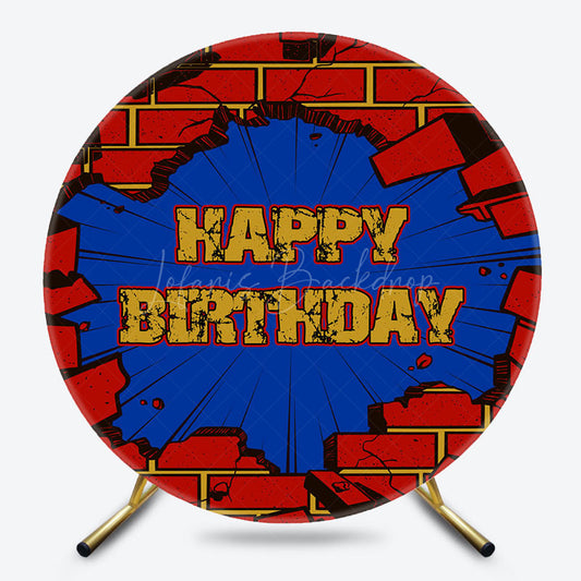 Lofaris Crushed Red Brick Wall Round Happy Birthday Backdrop
