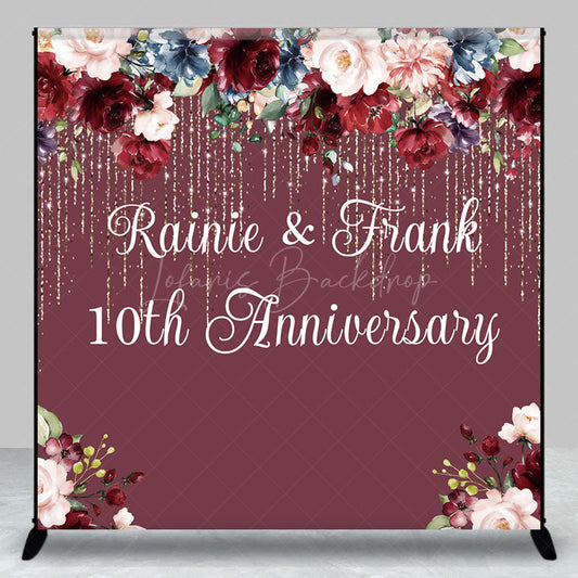 Lofaris Custom 10th Anniversary Party Backdrop Burgundy and Blush Floral with Gold Glitter Personalized Wedding Decor