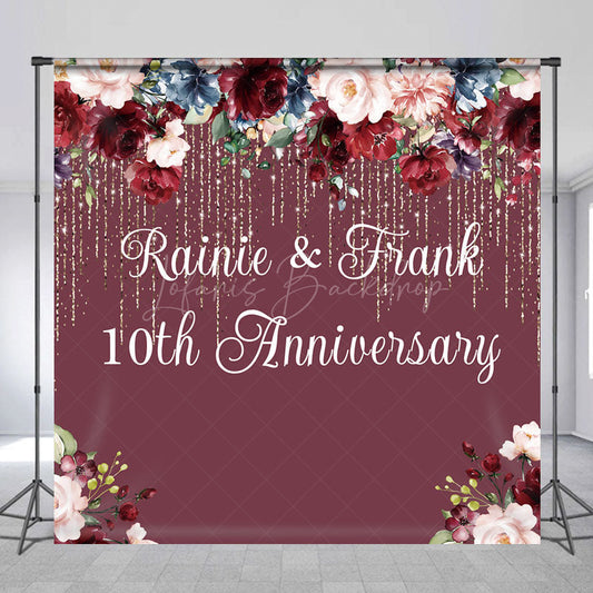 Lofaris Custom 10th Anniversary Party Backdrop Burgundy and Blush Floral with Gold Glitter Personalized Wedding Decor