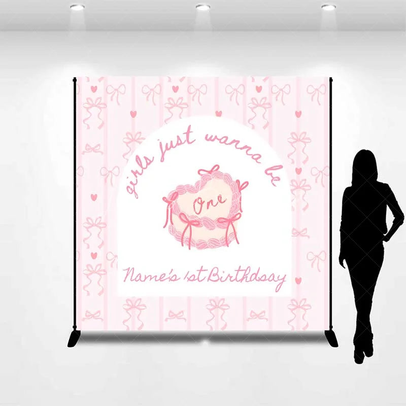 Lofaris Custom 1st Birthday Backdrop Pink Bows Coquette Personalize Name Cute Heart Cake Ribbon Background Girl Party Prop