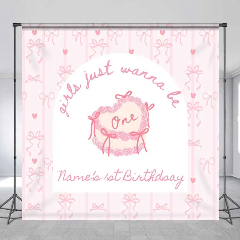 Lofaris Custom 1st Birthday Backdrop Pink Bows Coquette Personalize Name Cute Heart Cake Ribbon Background Girl Party Prop