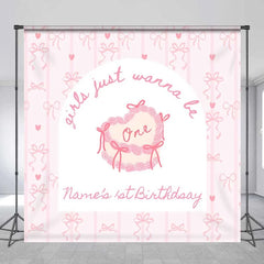 Lofaris Custom 1st Birthday Backdrop Pink Bows Coquette Personalize Name Cute Heart Cake Ribbon Background Girl Party Prop