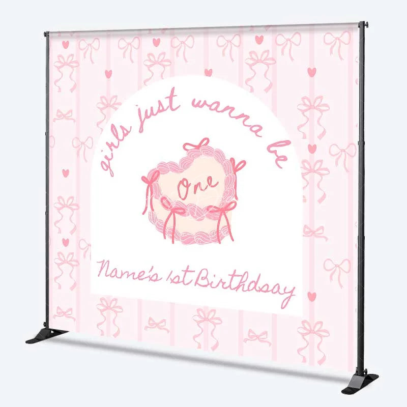 Lofaris Custom 1st Birthday Backdrop Pink Bows Coquette Personalize Name Cute Heart Cake Ribbon Background Girl Party Prop