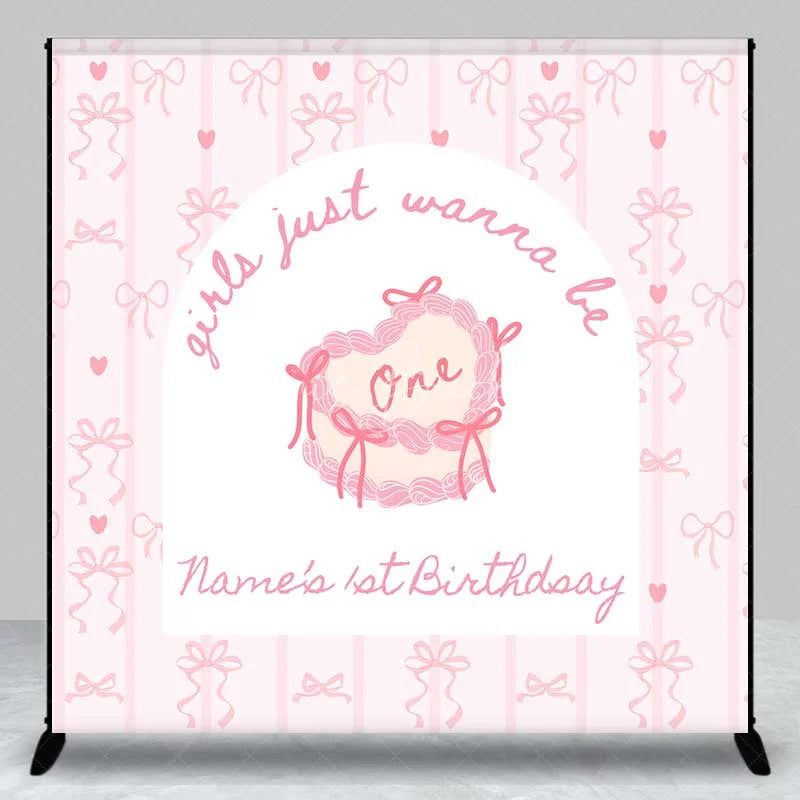 Lofaris Custom 1st Birthday Backdrop Pink Bows Coquette Personalize Name Cute Heart Cake Ribbon Background Girl Party Prop