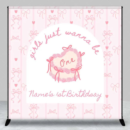 Lofaris Custom 1st Birthday Backdrop Pink Bows Coquette Personalize Name Cute Heart Cake Ribbon Background Girl Party Prop
