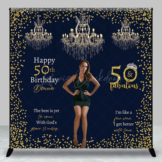 Lofaris Custom 50 and Fabulous Birthday Photo Backdrop Elegant Navy Gold with Chandeliers Personalized Party Decor