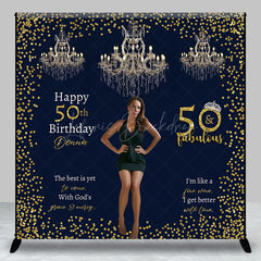 Lofaris Custom 50 and Fabulous Birthday Photo Backdrop Elegant Navy Gold with Chandeliers Personalized Party Decor
