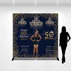 Lofaris Custom 50 and Fabulous Birthday Photo Backdrop Elegant Navy Gold with Chandeliers Personalized Party Decor