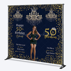 Lofaris Custom 50 and Fabulous Birthday Photo Backdrop Elegant Navy Gold with Chandeliers Personalized Party Decor